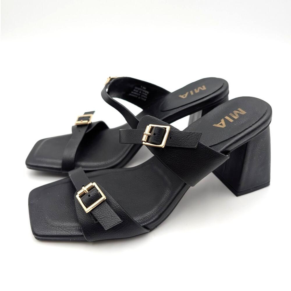Mia Rene Double Buckle Block Heel Sandals Women's Black Size US7.5M EU37.5